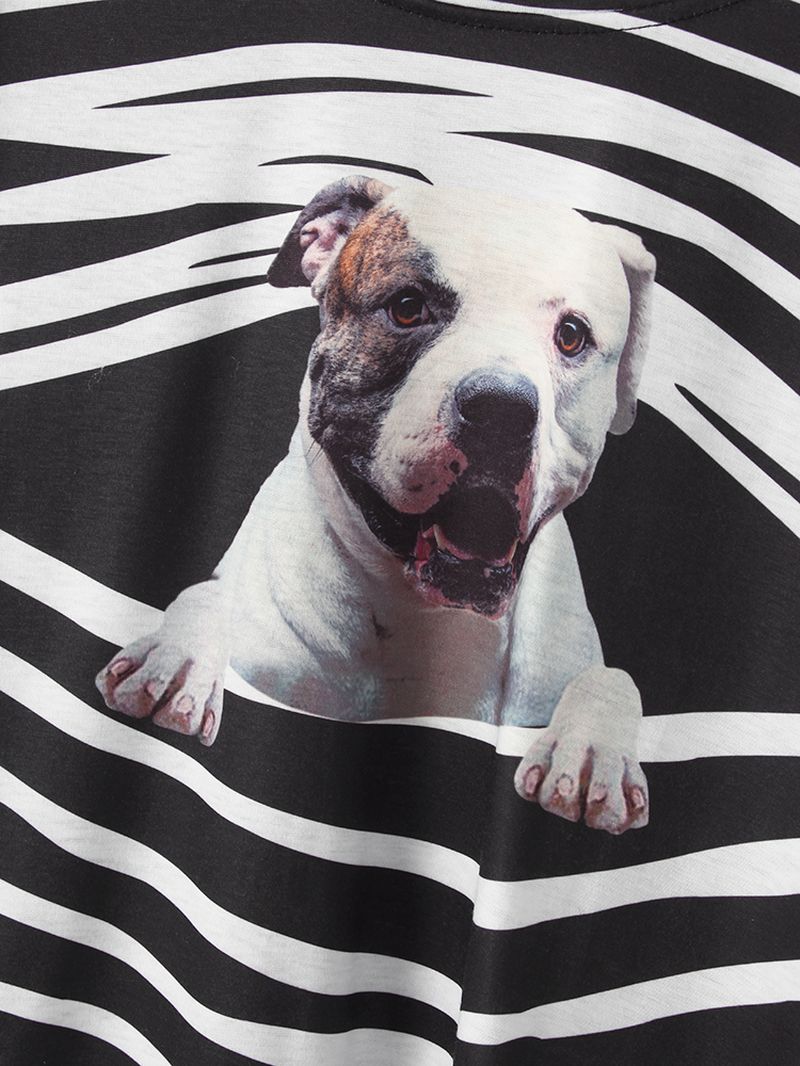 Dames 3d Dog & Stripe Print O-hals Pullover Casual Sweatshirts