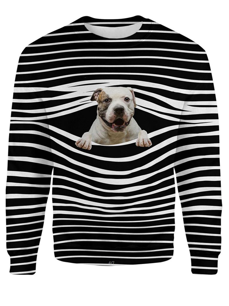 Dames 3d Dog & Stripe Print O-hals Pullover Casual Sweatshirts