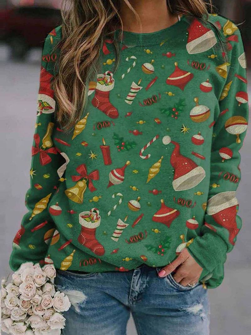 Dames Allover Kerstpatroonprint O-hals Ontspannen Fit Sweatshirt Met Lange Mouwen