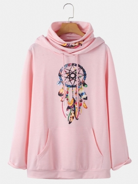 Dames Die Lange Mouwen Coltrui Casual Hoodies Met Buidelzak Afdrukken