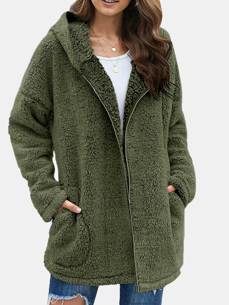 Dames Fluffy Solid Full Zipper Hood Side Pocket Lange Mouwen Warm Casual Hooded Sweatshirts