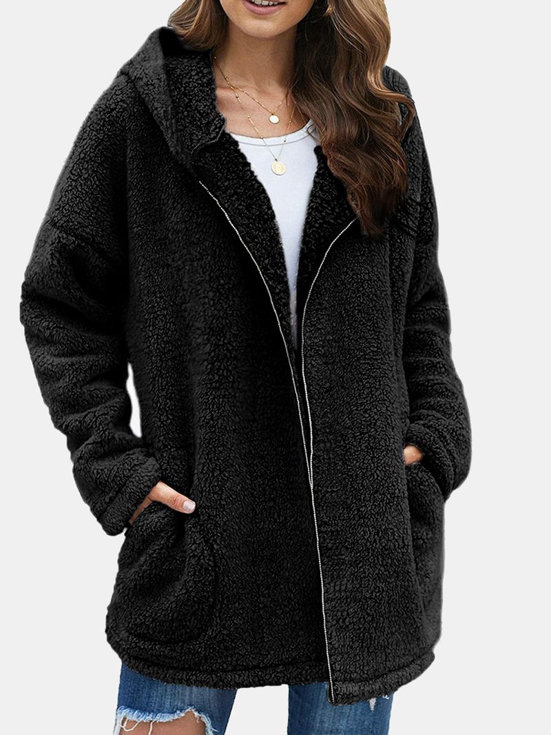 Dames Fluffy Solid Full Zipper Hood Side Pocket Lange Mouwen Warm Casual Hooded Sweatshirts