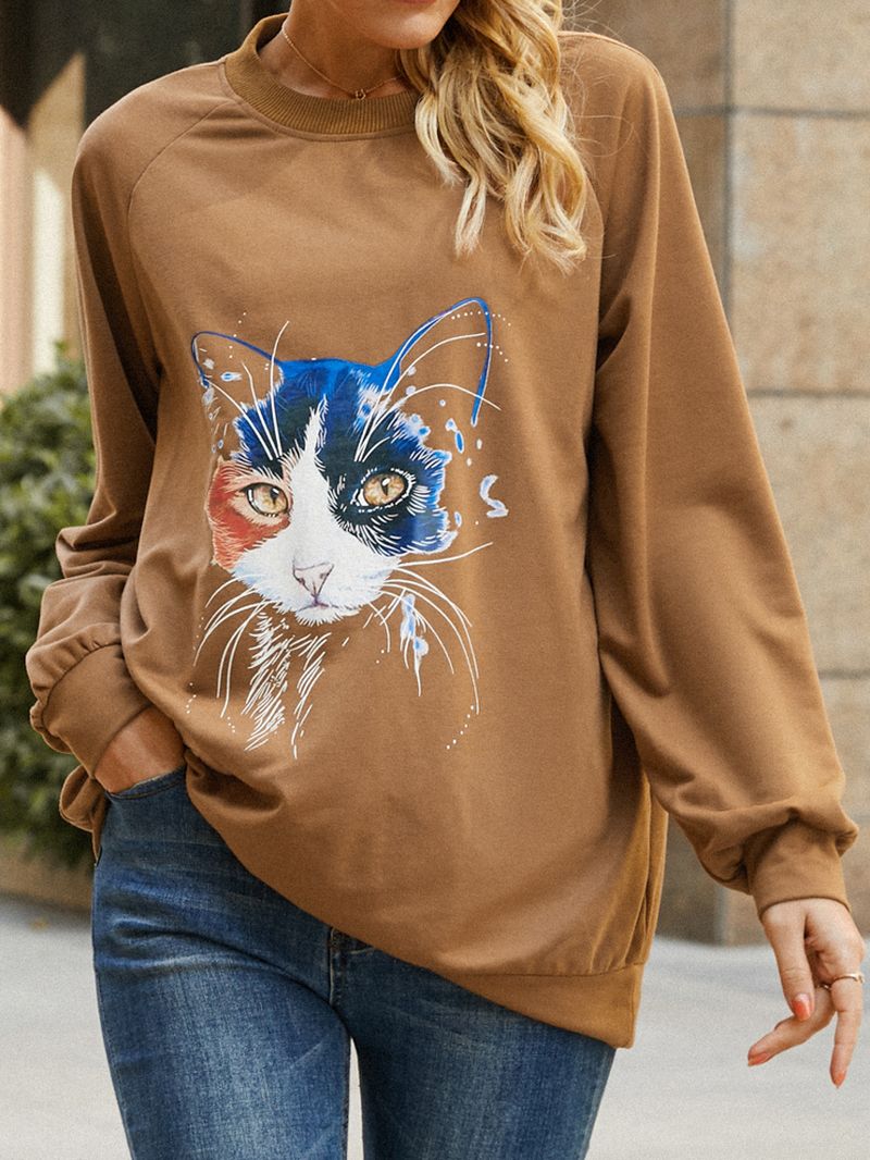 Dames Kat Print Effen Kleur Ronde Hals Casual Losse Trui Sweatshirt