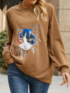 Dames Kat Print Effen Kleur Ronde Hals Casual Losse Trui Sweatshirt