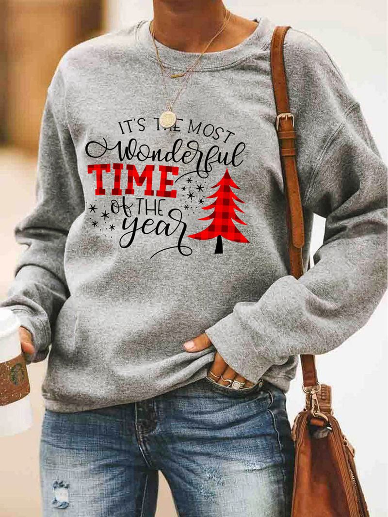 Dames Kerst Letter Print O-hals Drop Shoulder Losse Pullover Sweatshirts