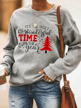 Dames Kerst Letter Print O-hals Drop Shoulder Losse Pullover Sweatshirts