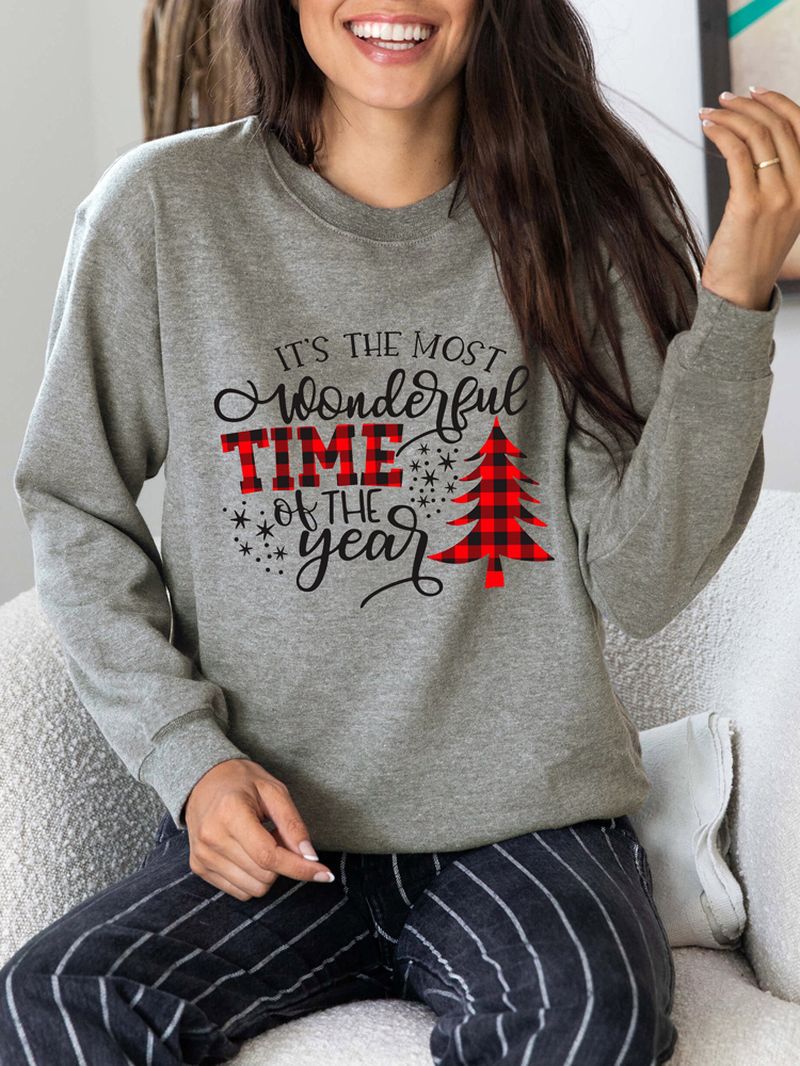 Dames Kerst Letter Print O-hals Drop Shoulder Losse Pullover Sweatshirts