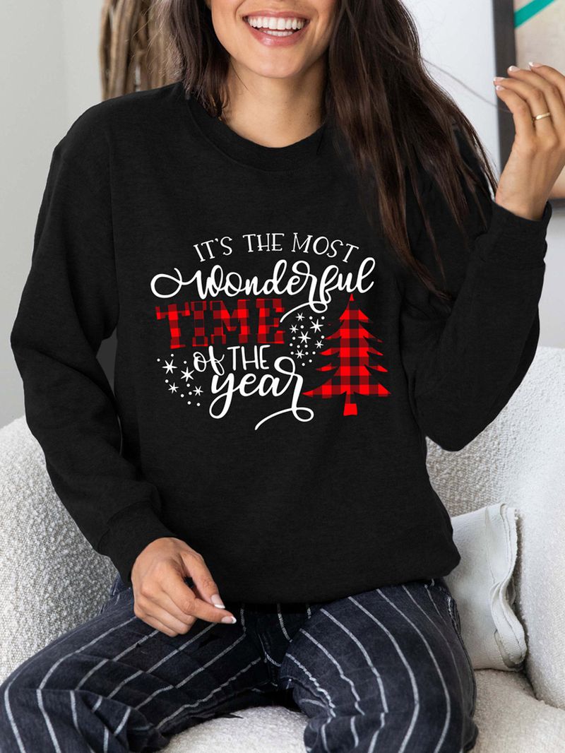 Dames Kerst Letter Print O-hals Drop Shoulder Losse Pullover Sweatshirts