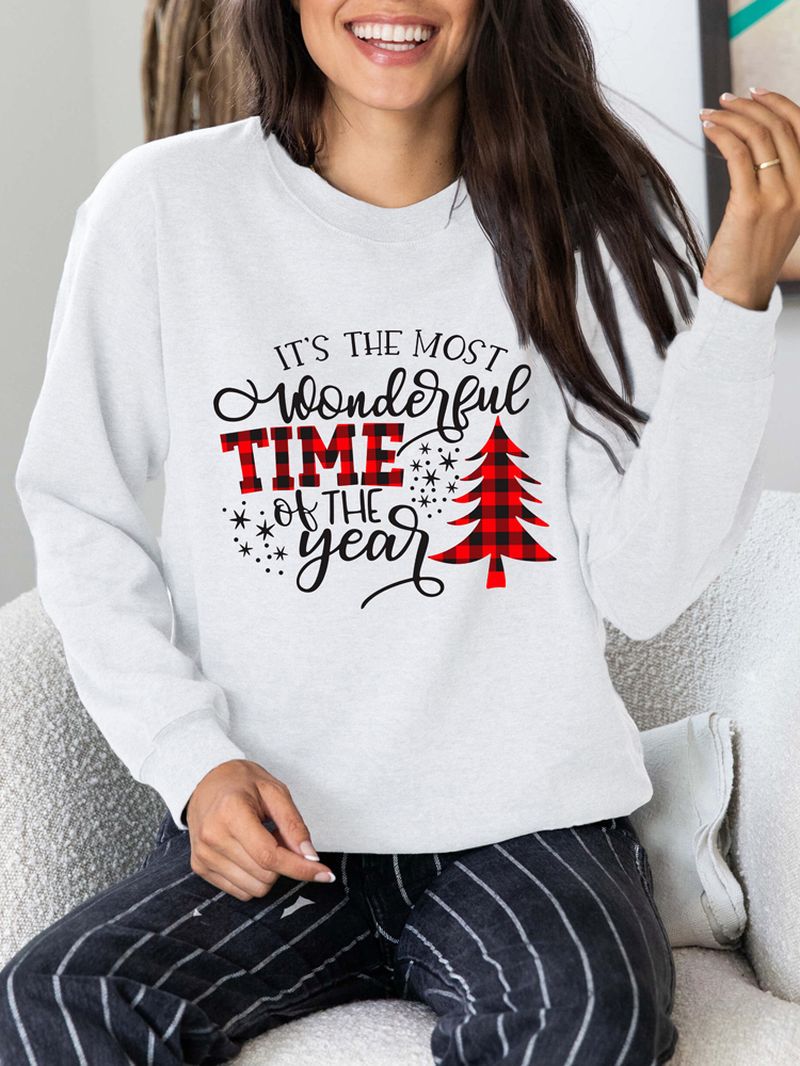 Dames Kerst Letter Print O-hals Drop Shoulder Losse Pullover Sweatshirts