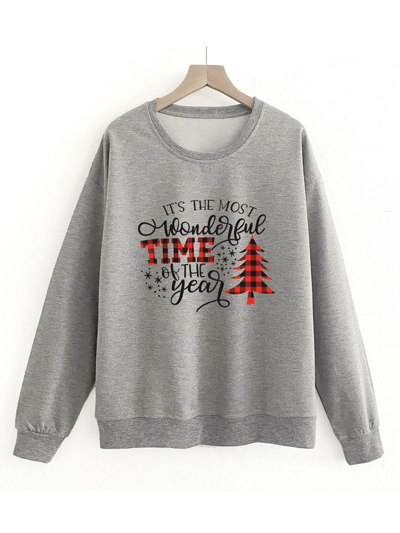 Dames Kerst Letter Print O-hals Drop Shoulder Losse Pullover Sweatshirts