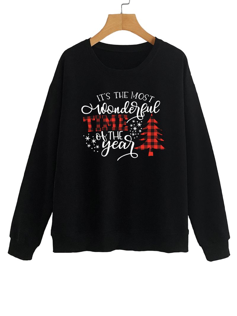 Dames Kerst Letter Print O-hals Drop Shoulder Losse Pullover Sweatshirts