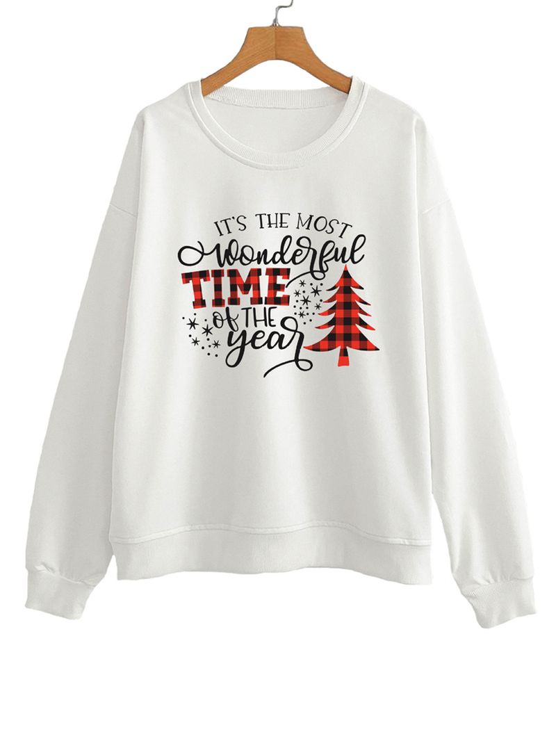 Dames Kerst Letter Print O-hals Drop Shoulder Losse Pullover Sweatshirts