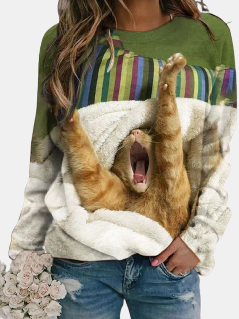 Dames Leuke Kat Gedrukte Ronde Hals Casual Raglanmouwen Trui Sweatshirts