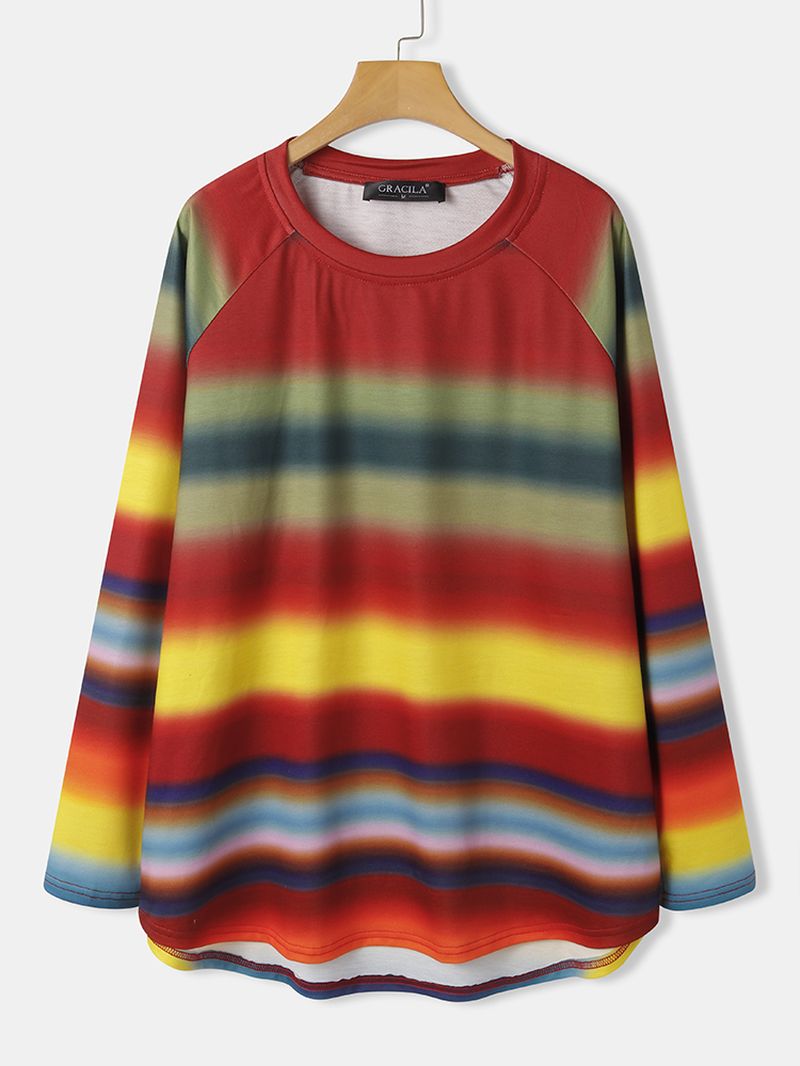 Dames Multi Color Ombre Gestreepte O-hals Raglanmouwen Casual Sweatshirts