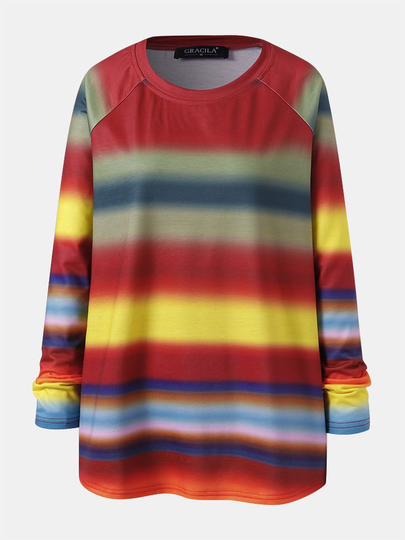 Dames Multi Color Ombre Gestreepte O-hals Raglanmouwen Casual Sweatshirts