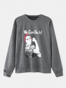 Dames Slogan Figuur Print Ronde Hals Casual Drop Schouder Sweatshirts