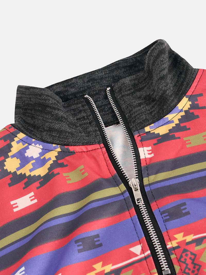 Dames Sweatshirt Met Geometrische Print En Lange Mouwen Met Rits En Revers
