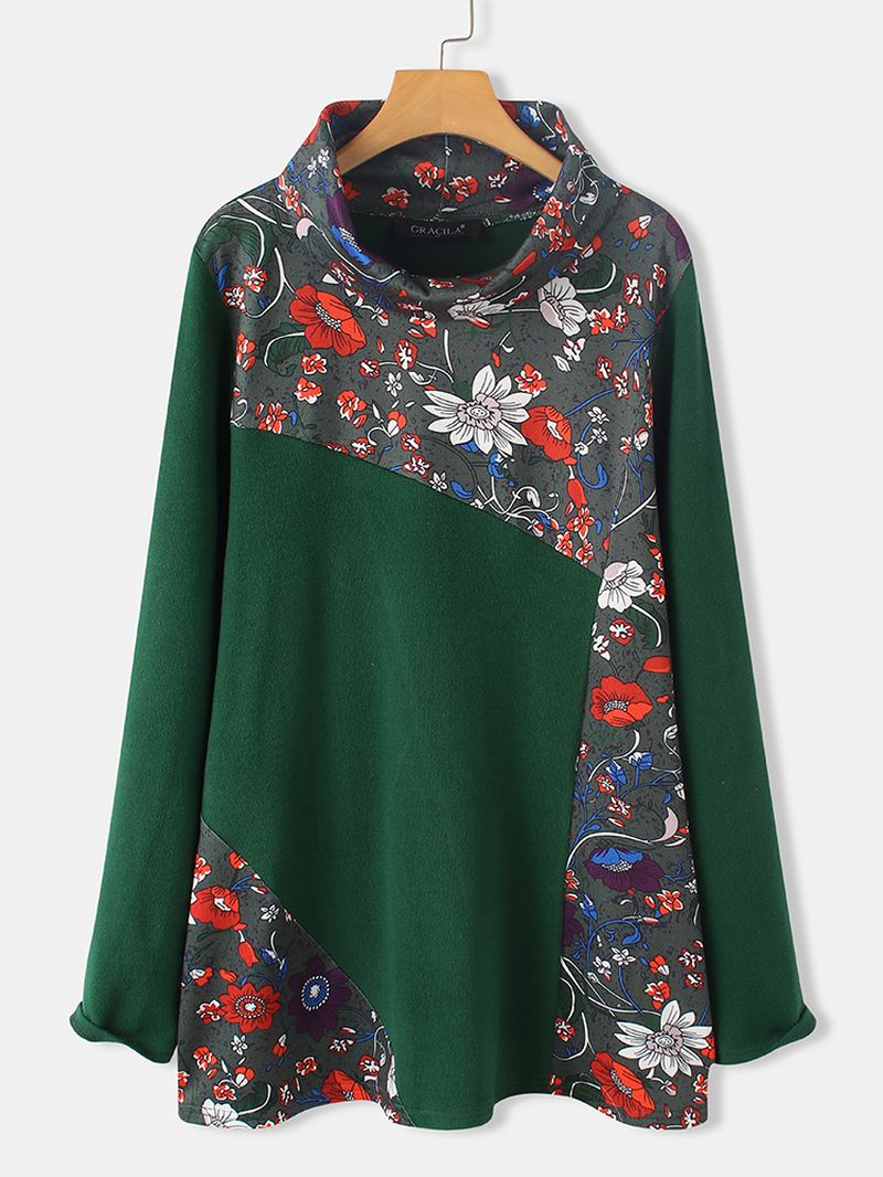 Dames Vintage Bloemenprint Patchwork Coltrui Lange Mouwen Sweatshirts