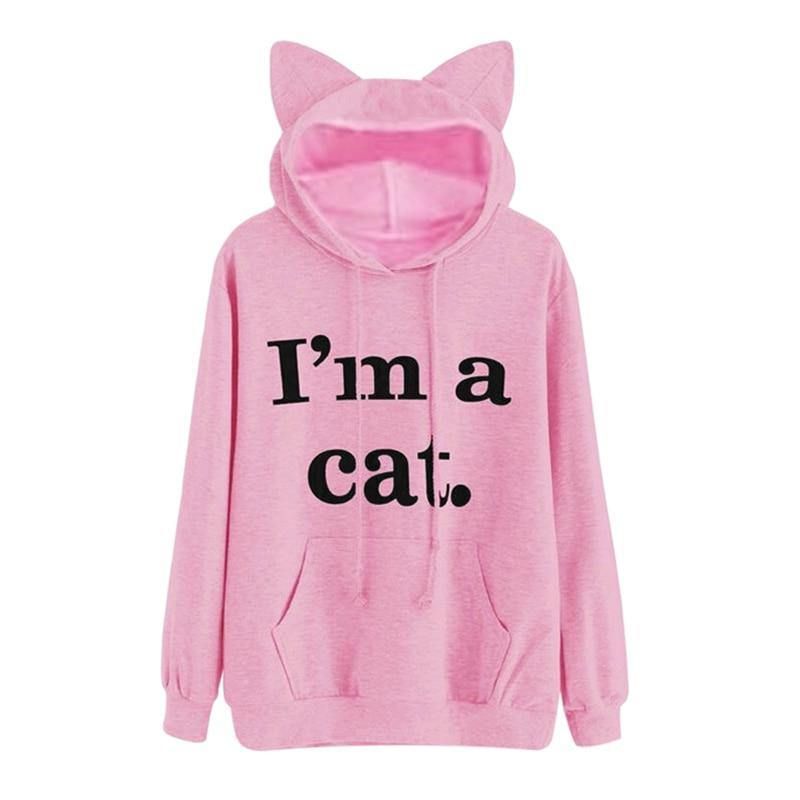 Harajuku Kat Oor Cap Hoodies Vrouwen Ik Ben Een Kat Gedrukt Hooded Sweatshirts Roze Top Leuke Lange Mouw Losse Trui Moletom