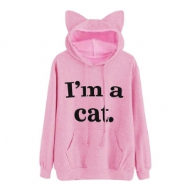 Harajuku Kat Oor Cap Hoodies Vrouwen Ik Ben Een Kat Gedrukt Hooded Sweatshirts Roze Top Leuke Lange Mouw Losse Trui Moletom