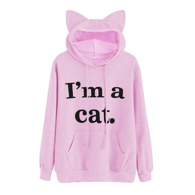 Harajuku Kat Oor Cap Hoodies Vrouwen Ik Ben Een Kat Gedrukt Hooded Sweatshirts Roze Top Leuke Lange Mouw Losse Trui Moletom