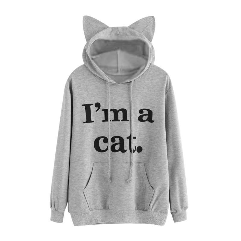 Harajuku Kat Oor Cap Hoodies Vrouwen Ik Ben Een Kat Gedrukt Hooded Sweatshirts Roze Top Leuke Lange Mouw Losse Trui Moletom