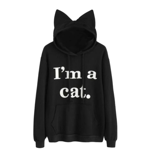 Harajuku Kat Oor Cap Hoodies Vrouwen Ik Ben Een Kat Gedrukt Hooded Sweatshirts Roze Top Leuke Lange Mouw Losse Trui Moletom