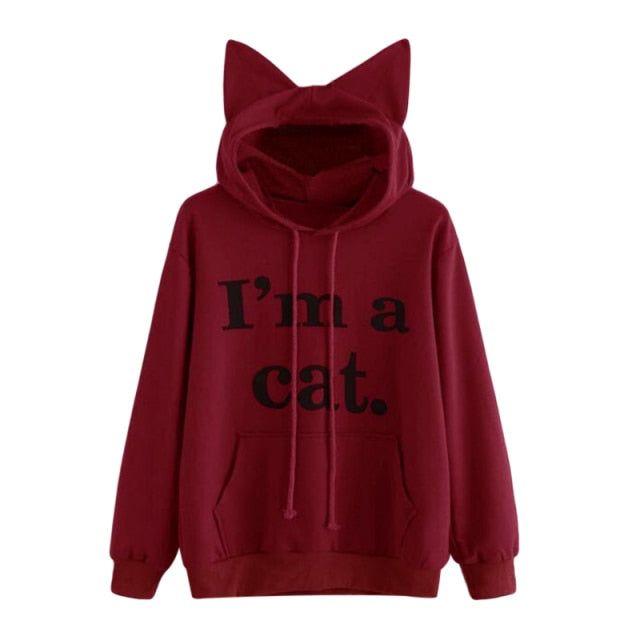 Harajuku Kat Oor Cap Hoodies Vrouwen Ik Ben Een Kat Gedrukt Hooded Sweatshirts Roze Top Leuke Lange Mouw Losse Trui Moletom