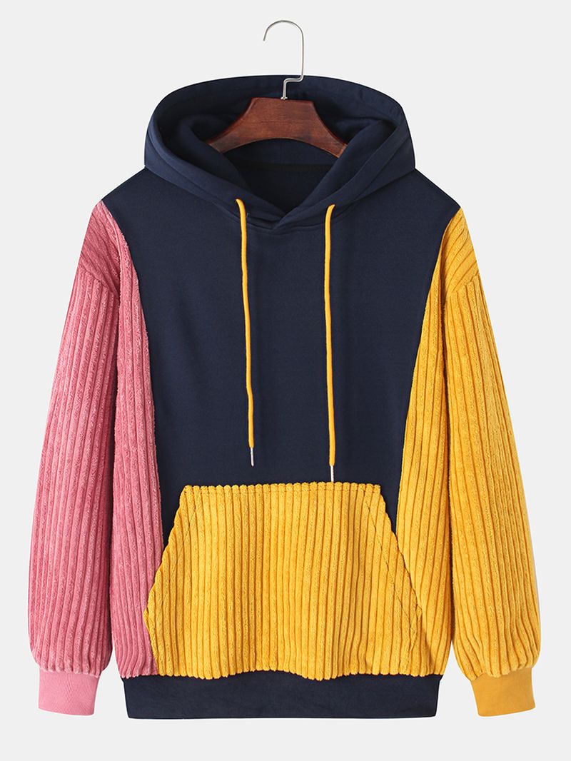 Heren Corduroy Patchwork Kangaroo Pocket Hoodies Met Lange Mouwen