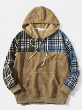 Heren Corduroy Plaid Patchwork Kangaroo Pocket Button Sweatshirt