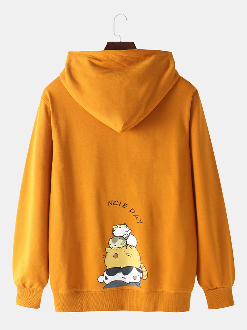 Heren Katoenen Cartoon Kat Print Drop Schouder Lange Mouwen Trekkoord Hoodies