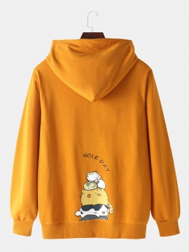 Heren Katoenen Cartoon Kat Print Drop Schouder Lange Mouwen Trekkoord Hoodies