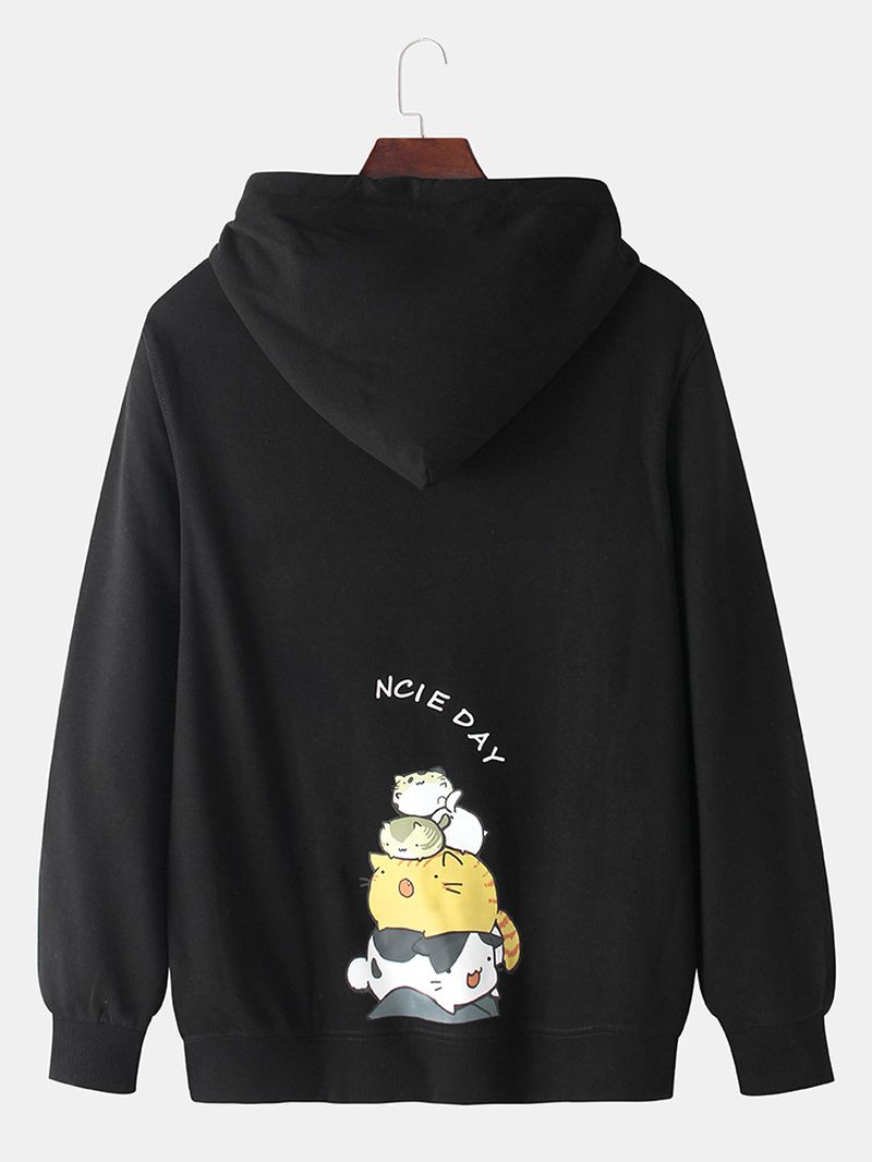 Heren Katoenen Cartoon Kat Print Drop Schouder Lange Mouwen Trekkoord Hoodies