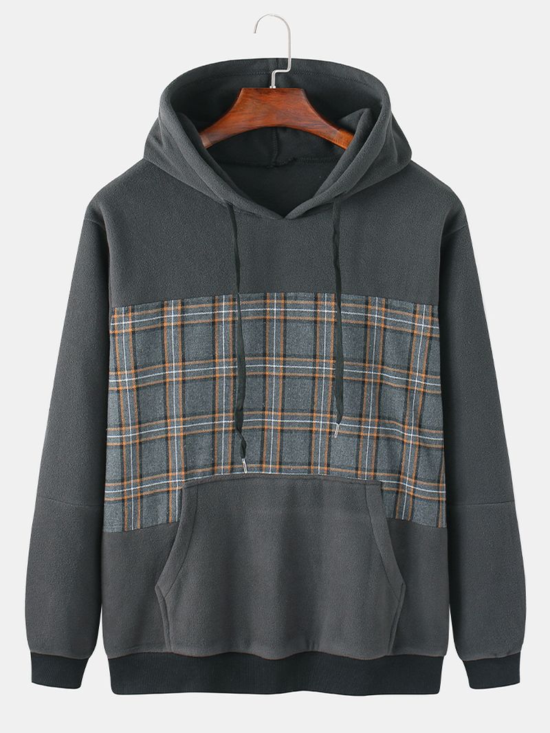 Heren Katoenen Patchwork Tartan Geruite Casual Hoodies Met Lange Mouwen En Kangoeroezak