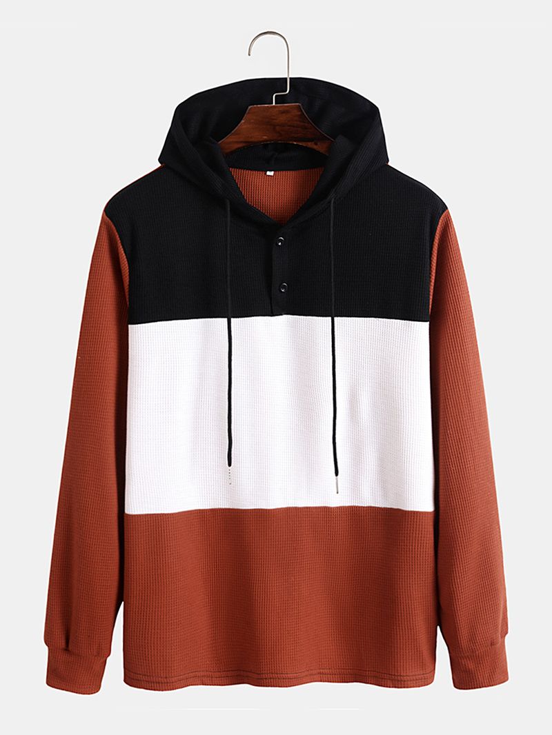 Heren Patchwork Walffe Contrast Kleur Knop Trekkoord Preppy Hooded Sweatshirt