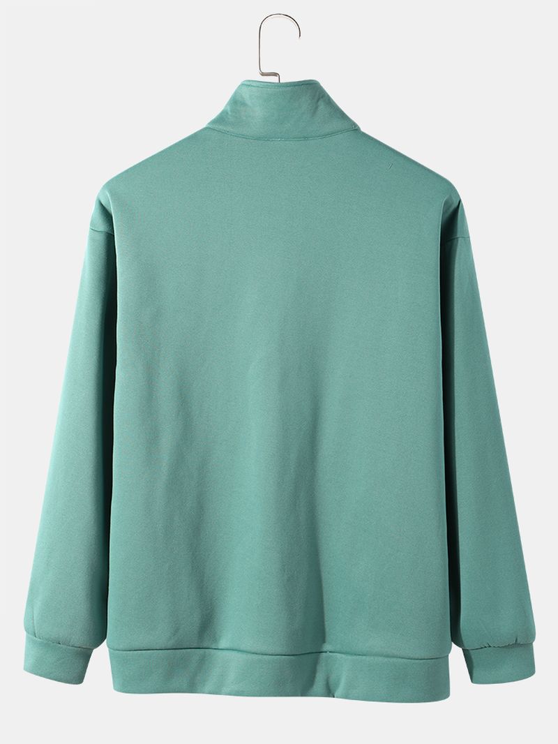 Heren Sweatshirt Met Hoge Kraag 1/3 Rits In Pure Effen Kleur Met Zakken