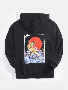 Heren Ukiyoe Tiger Back Graphics Pocket Hoodies Met Trekkoord