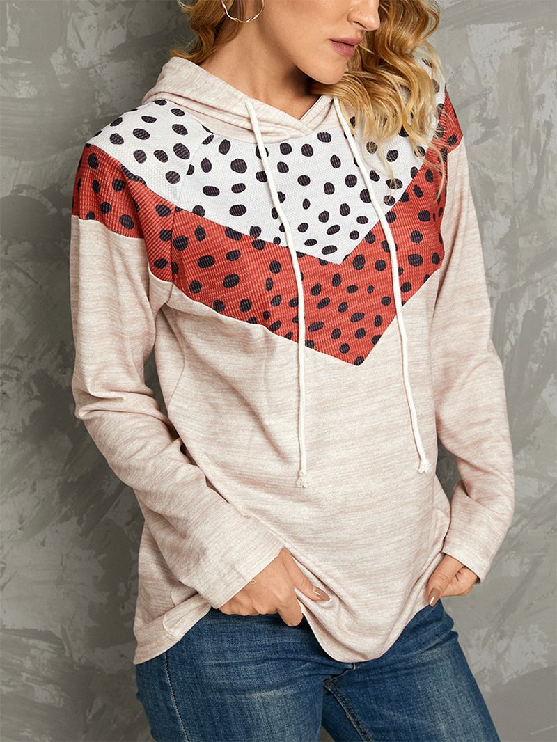 Polkadot Print Patchwork Casual Hoodies Met Trekkoord En Lange Mouwen Met Ronde Hals