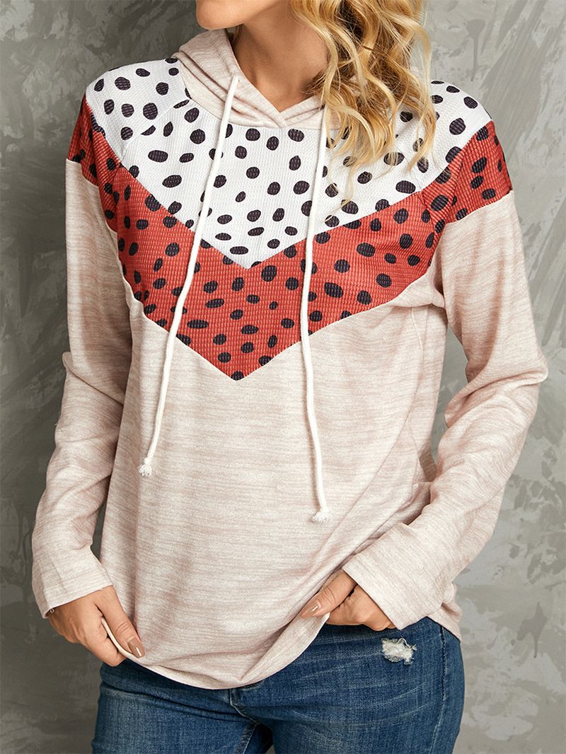 Polkadot Print Patchwork Casual Hoodies Met Trekkoord En Lange Mouwen Met Ronde Hals