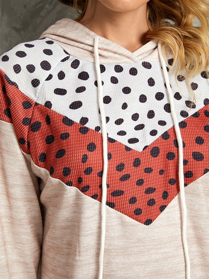 Polkadot Print Patchwork Casual Hoodies Met Trekkoord En Lange Mouwen Met Ronde Hals