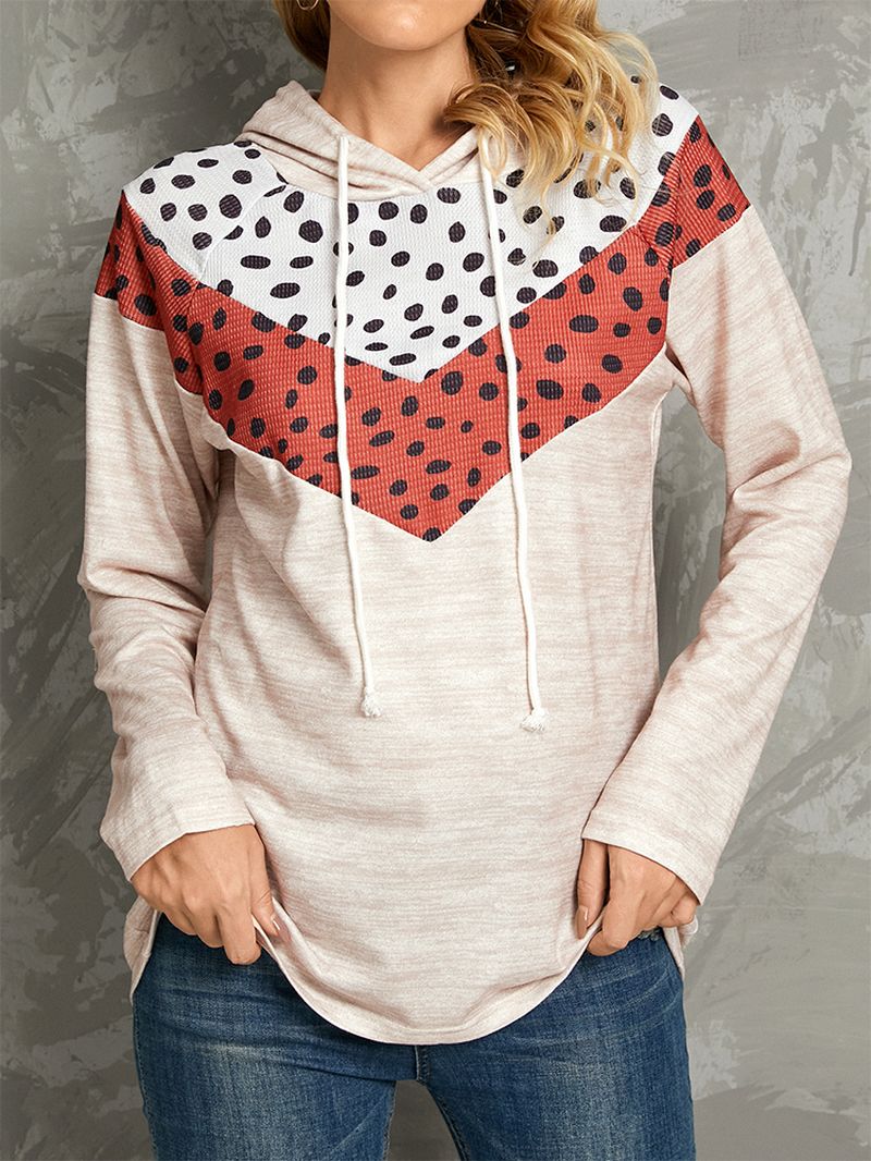 Polkadot Print Patchwork Casual Hoodies Met Trekkoord En Lange Mouwen Met Ronde Hals