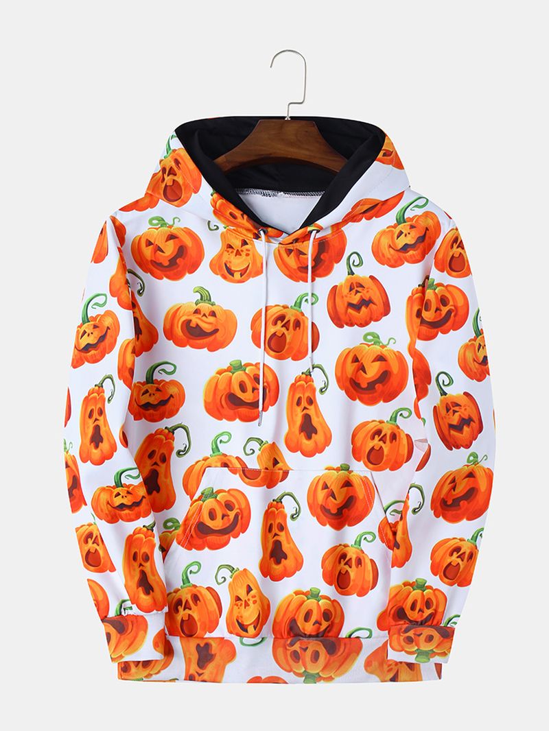 Pumpkin Monster Print Casual Sweatshirt Met Insteekzak En Capuchon