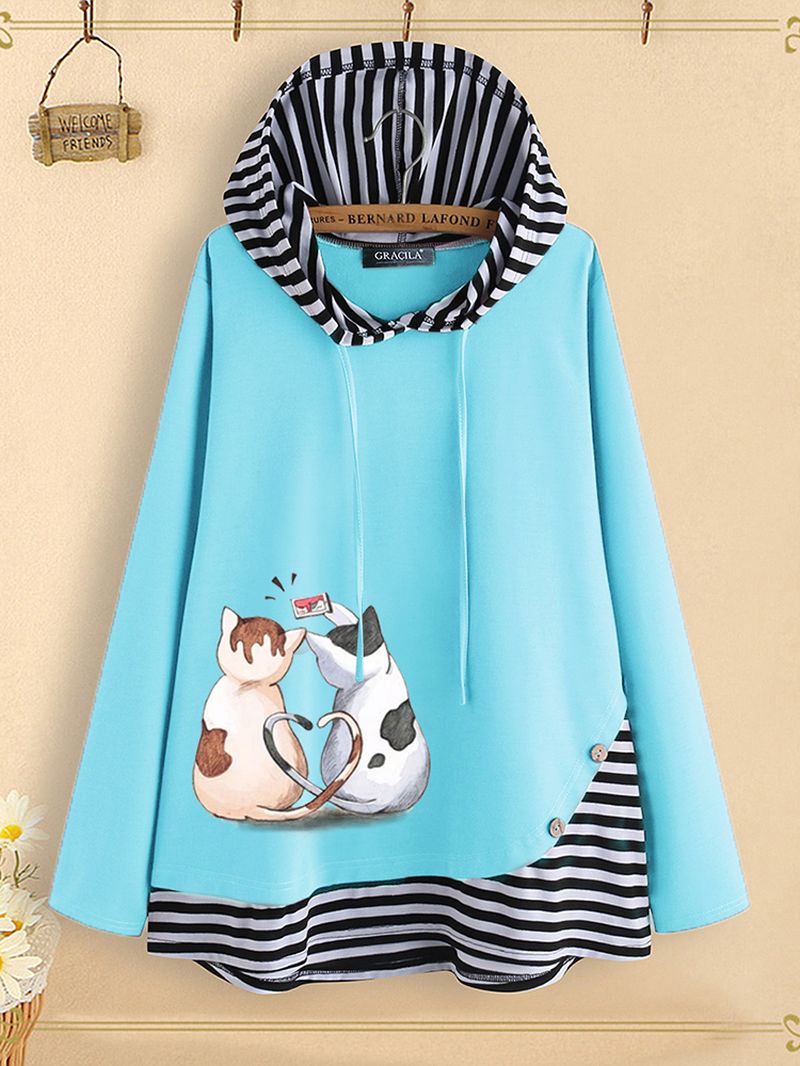 Stripe Patchwork Cartoon Kat Print Button Hoodie Sweatshirt