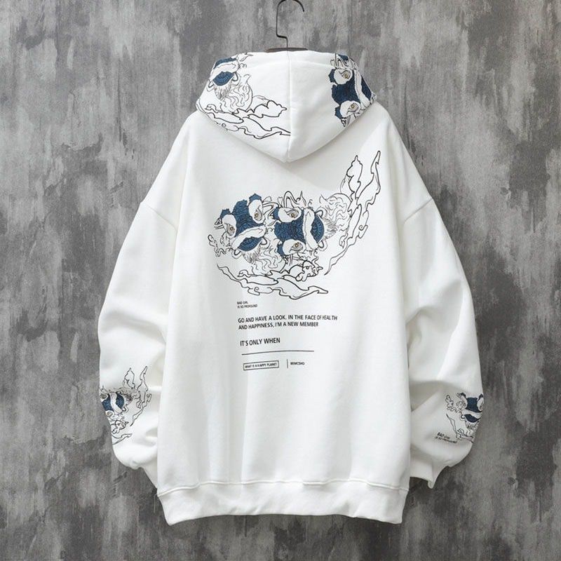 Trendy Merk Chinese Stijl Lion Dance Print Hooded Sweater Heren