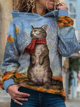 Vrouwen Cartoon Kat Schilderen Print Lange Mouw Trui Hoodie