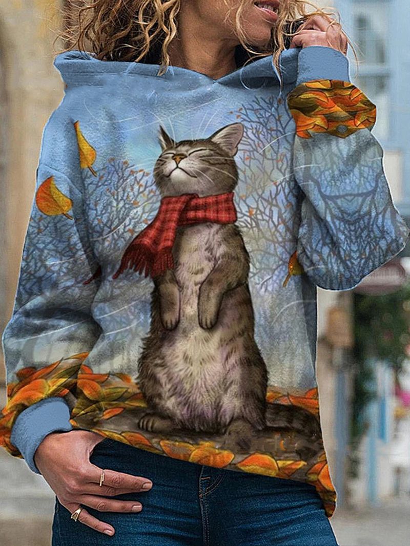 Vrouwen Cartoon Kat Schilderen Print Lange Mouw Trui Hoodie