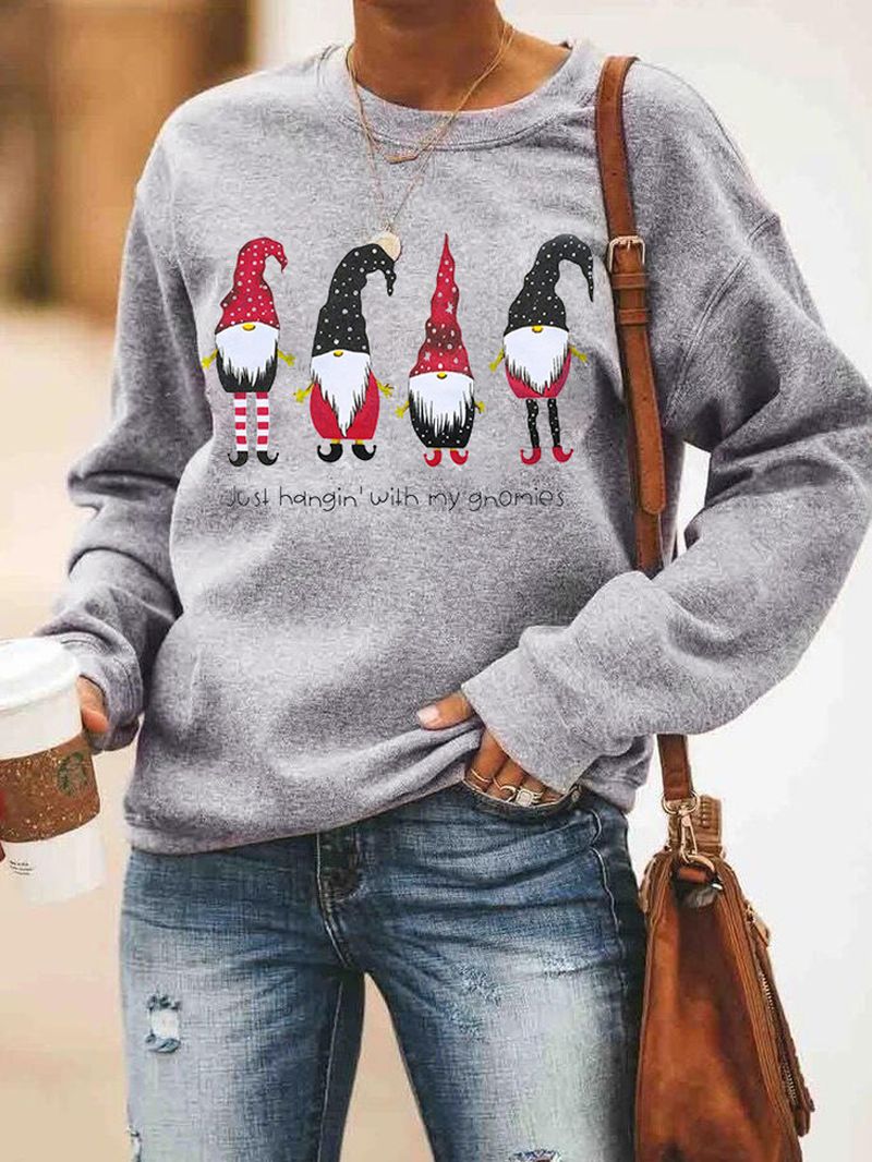 Vrouwen Cartoon Kerstman Print Kerst Trui Lange Mouw Sweatshirts