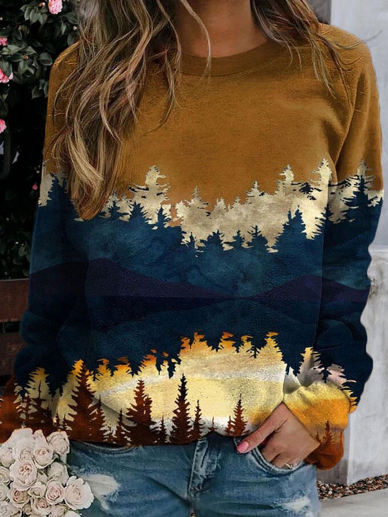 Vrouwen Landschap Print Ronde Hals Trui Casual Raglanmouwen Sweatshirts