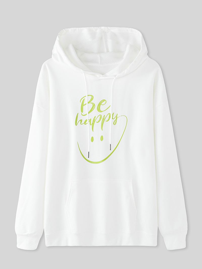 Vrouwen Smile Face Letter Print Pouch Pocket Casual Hoodies Met Lange Mouwen