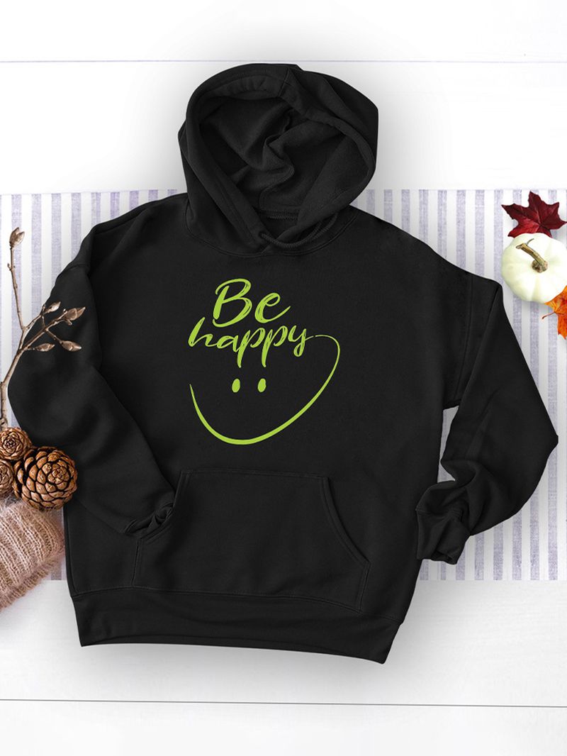 Vrouwen Smile Face Letter Print Pouch Pocket Casual Hoodies Met Lange Mouwen